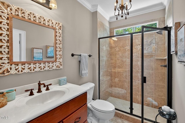 3748 Knollcreek Dr, Apex, NC 27539 - full bath featuring ornamental molding, vanity, a stall shower, and a chandelier