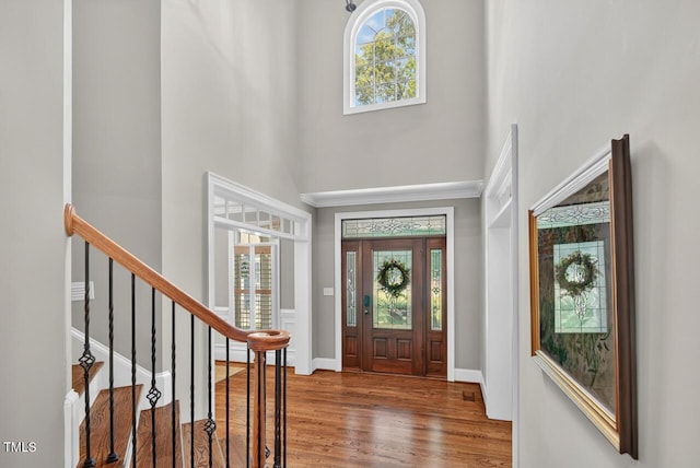 3748 Knollcreek Dr, Apex, NC 27539 - entrance foyer with a towering ceiling, wood finished floors, and stairs