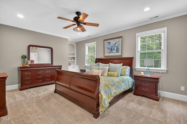 3748 Knollcreek Dr, Apex, NC 27539 - bedroom featuring multiple windows, crown molding, light carpet, recessed lighting, and ceiling fan