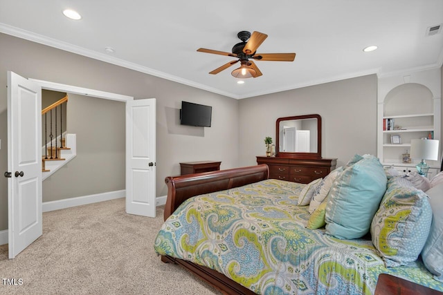 3748 Knollcreek Dr, Apex, NC 27539 - carpeted bedroom featuring ornamental molding, recessed lighting, and ceiling fan