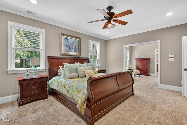 3748 Knollcreek Dr, Apex, NC 27539 - bedroom with ornamental molding, light carpet, recessed lighting, and a ceiling fan