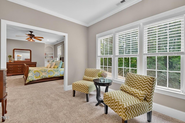 3748 Knollcreek Dr, Apex, NC 27539 - carpeted bedroom with multiple windows, ornamental molding, and ceiling fan