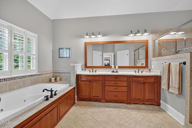 3748 Knollcreek Dr, Apex, NC 27539 - bathroom featuring a jetted tub, double vanity, tiled shower, and tile patterned flooring