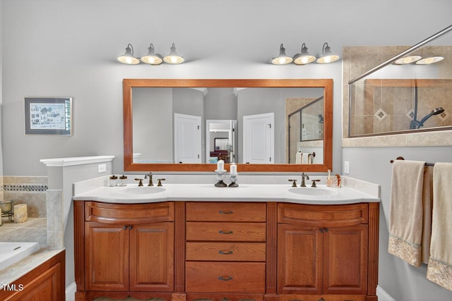 3748 Knollcreek Dr, Apex, NC 27539 - full bathroom featuring double vanity, tiled shower, and a tub