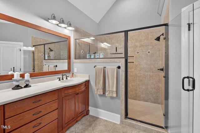 3748 Knollcreek Dr, Apex, NC 27539 - bathroom with a stall shower, vanity, lofted ceiling, and tile patterned floors