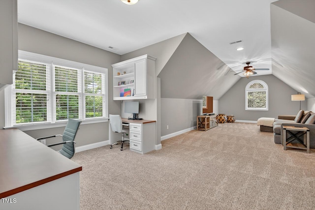 3748 Knollcreek Dr, Apex, NC 27539 - office with light carpet, a ceiling fan, and vaulted ceiling