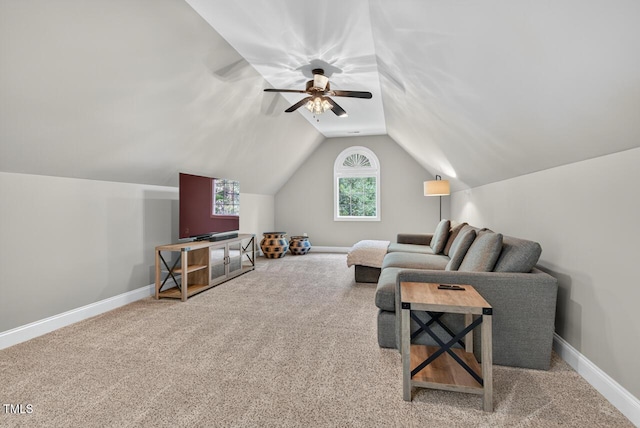 3748 Knollcreek Dr, Apex, NC 27539 - living room featuring lofted ceiling, a ceiling fan, and carpet flooring