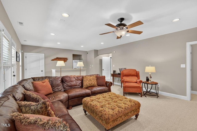 3748 Knollcreek Dr, Apex, NC 27539 - living area featuring ceiling fan, light carpet, and recessed lighting