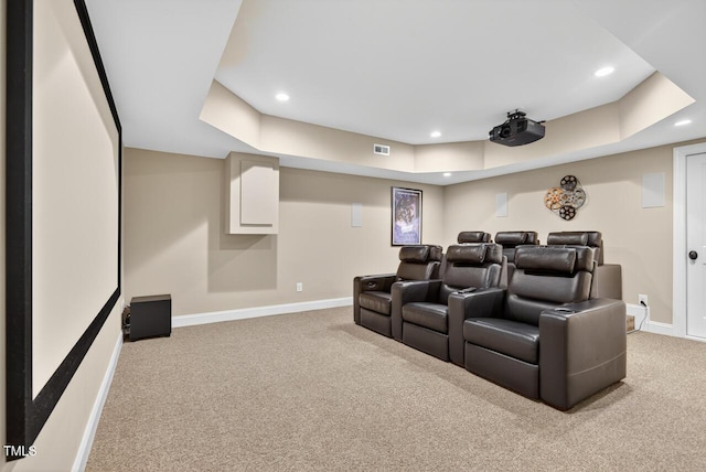 3748 Knollcreek Dr, Apex, NC 27539 - home theater room with light colored carpet, a raised ceiling, and recessed lighting