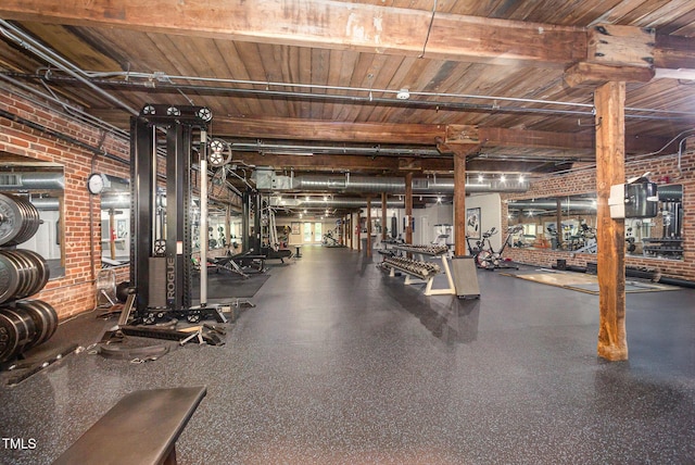 1535 Caraleigh Mills Ct Unit 142, Raleigh, NC 27603 - exercise room featuring brick wall and wood ceiling