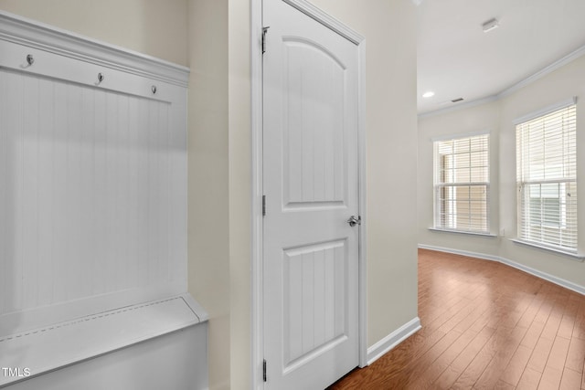 1704 Horne Creek Dr, Durham, NC 27703 - mudroom with wood finished floors, crown molding, and recessed lighting