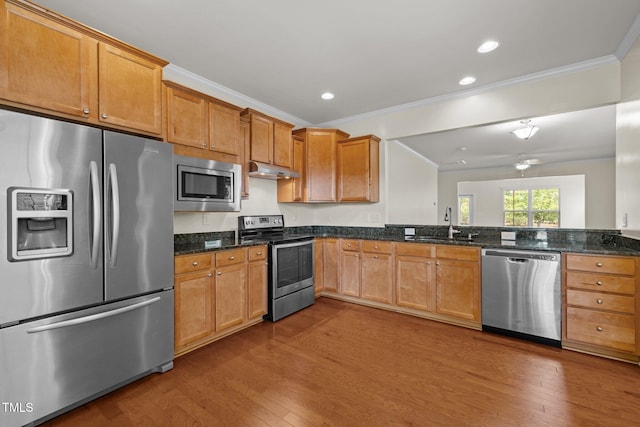 1704 Horne Creek Dr, Durham, NC 27703 - kitchen with appliances with stainless steel finishes, dark wood-style flooring, ornamental molding, under cabinet range hood, and recessed lighting
