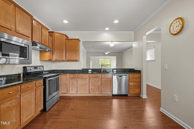 1704 Horne Creek Dr, Durham, NC 27703 - kitchen featuring appliances with stainless steel finishes, under cabinet range hood, crown molding, dark wood-style floors, and dark stone counters