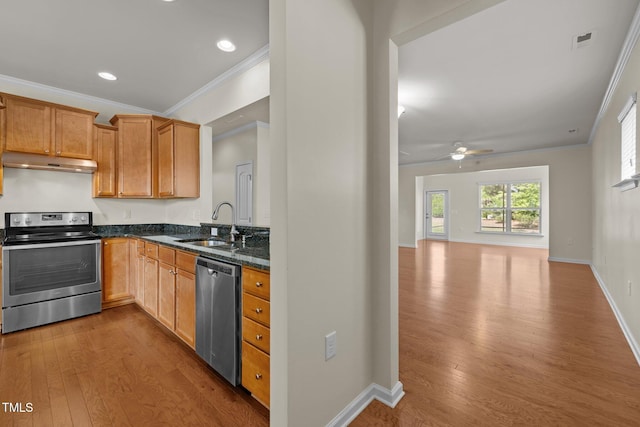 1704 Horne Creek Dr, Durham, NC 27703 - kitchen featuring appliances with stainless steel finishes, under cabinet range hood, wood finished floors, crown molding, and ceiling fan