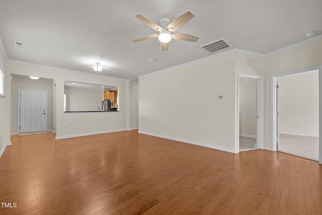 1704 Horne Creek Dr, Durham, NC 27703 - unfurnished living room featuring crown molding, ceiling fan, and light wood finished floors