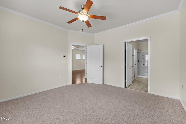 1704 Horne Creek Dr, Durham, NC 27703 - unfurnished bedroom featuring ornamental molding, carpet, connected bathroom, and a ceiling fan