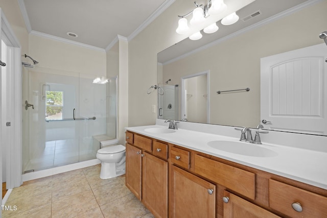 1704 Horne Creek Dr, Durham, NC 27703 - full bath with ornamental molding, a stall shower, double vanity, and tile patterned floors