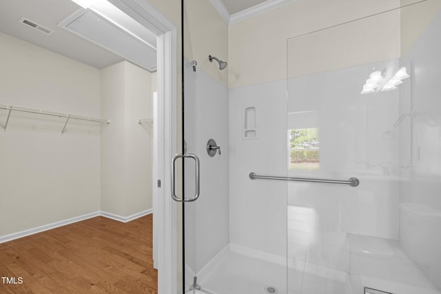 1704 Horne Creek Dr, Durham, NC 27703 - full bath with a shower stall, crown molding, a spacious closet, and wood finished floors