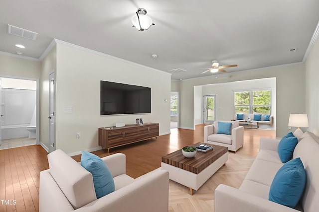 1704 Horne Creek Dr, Durham, NC 27703 - living area featuring ornamental molding, a ceiling fan, parquet flooring, and recessed lighting
