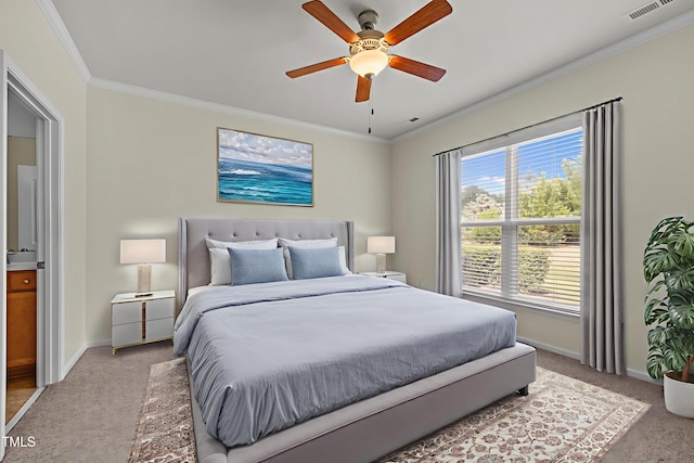 1704 Horne Creek Dr, Durham, NC 27703 - bedroom with light colored carpet, ornamental molding, and ceiling fan