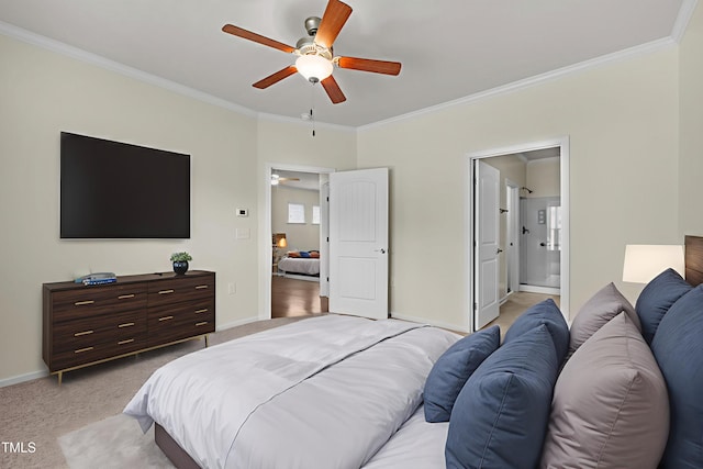 1704 Horne Creek Dr, Durham, NC 27703 - bedroom with ornamental molding, light carpet, connected bathroom, and ceiling fan