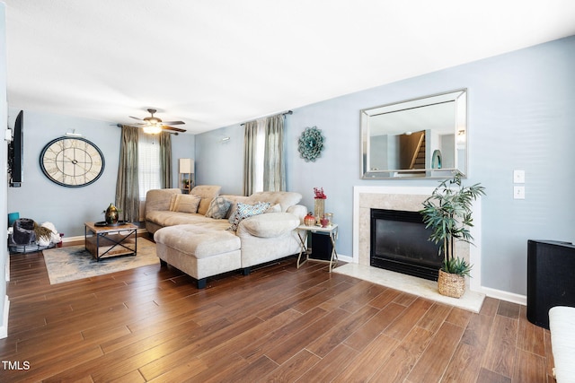 117 Gladstone Dr, Durham, NC 27703 - living area with wood finished floors, a fireplace, and a ceiling fan