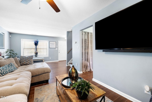 117 Gladstone Dr, Durham, NC 27703 - living room with a ceiling fan, wood finished floors, and stairway