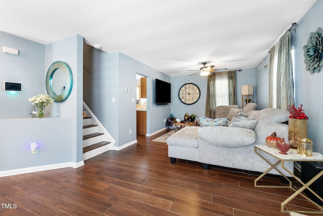 117 Gladstone Dr, Durham, NC 27703 - living room with wood finished floors, ceiling fan, and stairs