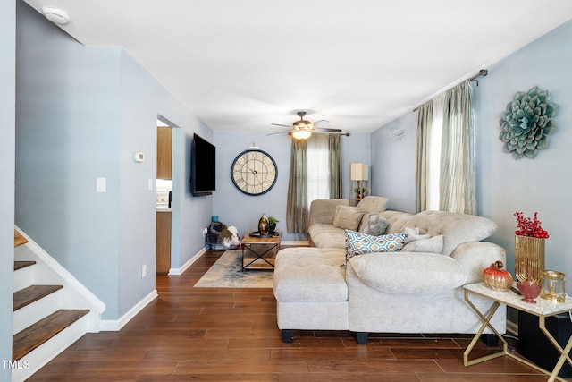 117 Gladstone Dr, Durham, NC 27703 - living area featuring wood finished floors, ceiling fan, and stairs