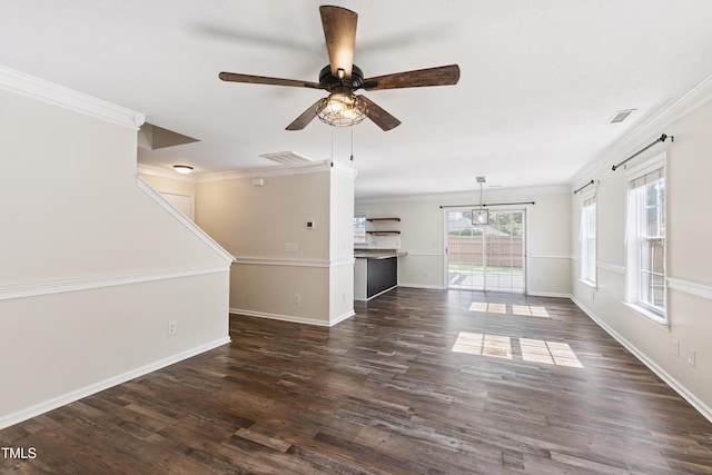 328 Palmdale Ct, Holly Springs, NC 27540 - unfurnished living room featuring ceiling fan, crown molding, and dark wood finished floors