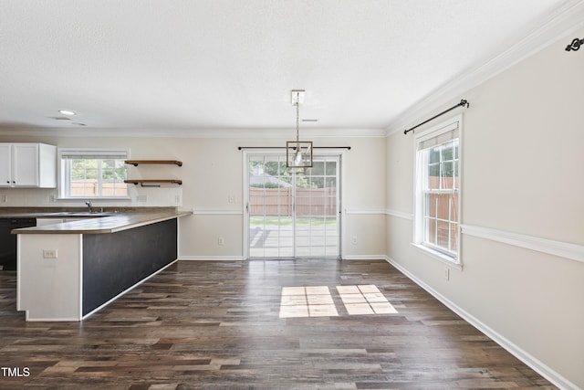 328 Palmdale Ct, Holly Springs, NC 27540 - kitchen with a peninsula, crown molding, decorative light fixtures, dark wood finished floors, and white cabinets