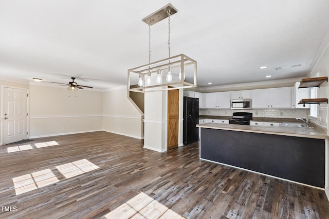 328 Palmdale Ct, Holly Springs, NC 27540 - kitchen featuring electric stove, stainless steel microwave, a ceiling fan, open shelves, and white cabinets