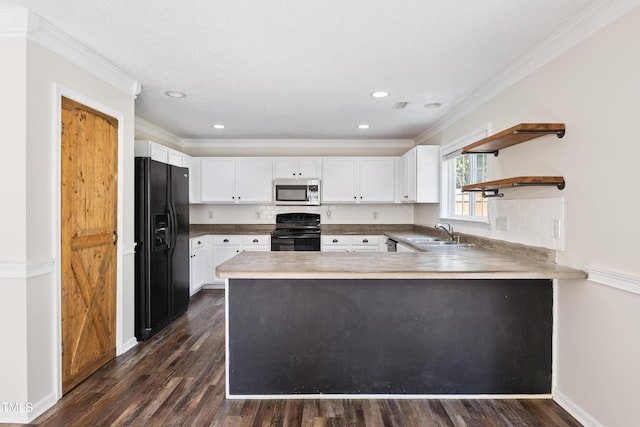 328 Palmdale Ct, Holly Springs, NC 27540 - kitchen featuring black appliances, a peninsula, dark wood-type flooring, ornamental molding, and decorative backsplash
