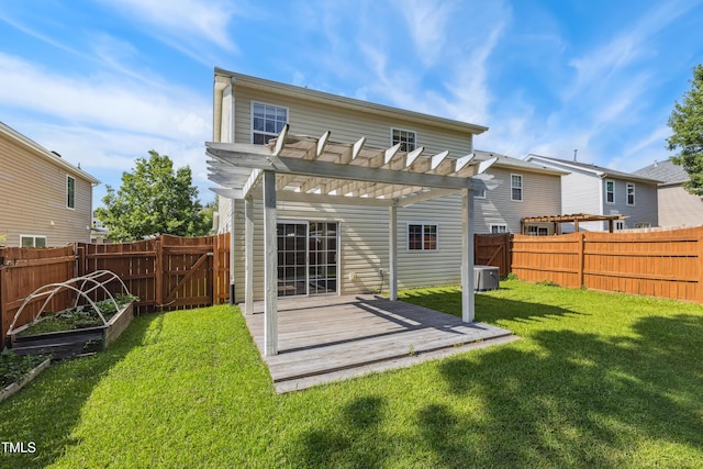328 Palmdale Ct, Holly Springs, NC 27540 - rear view of house featuring a wooden deck, a fenced backyard, a pergola, and a garden