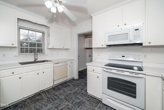 413 S Fayetteville St, Clayton, NC 27520 - kitchen featuring white appliances, white cabinetry, a ceiling fan, ornamental molding, and a textured ceiling