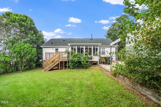 413 S Fayetteville St, Clayton, NC 27520 - back of house featuring a sunroom, stairs, a shingled roof, a yard, and a wooden deck