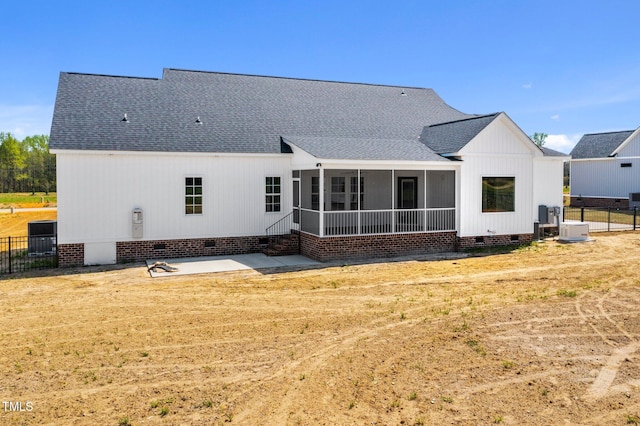 2379 Heartland Rd, Battleboro, NC 27809 - rear view of property with crawl space, a shingled roof, a patio, and a sunroom