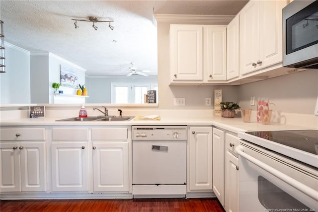 3314 Harbour Pointe Pl Unit 8, Fayetteville, NC 28314 - kitchen with white appliances, ornamental molding, white cabinets, a textured ceiling, and a ceiling fan