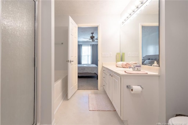 3314 Harbour Pointe Pl Unit 8, Fayetteville, NC 28314 - ensuite bathroom with vanity, an enclosed shower, ceiling fan, a textured ceiling, and a tub to relax in