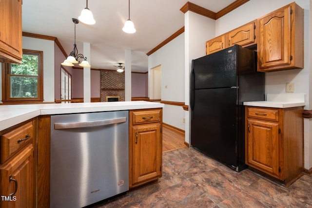 5020 Celbridge Pl, Raleigh, NC 27613 - kitchen with dishwasher, freestanding refrigerator, crown molding, light countertops, and brown cabinets