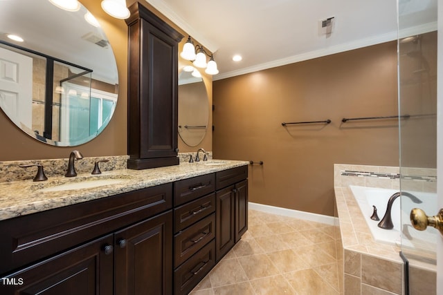5020 Celbridge Pl, Raleigh, NC 27613 - bathroom with double vanity, a bath, ornamental molding, tile patterned floors, and an enclosed shower