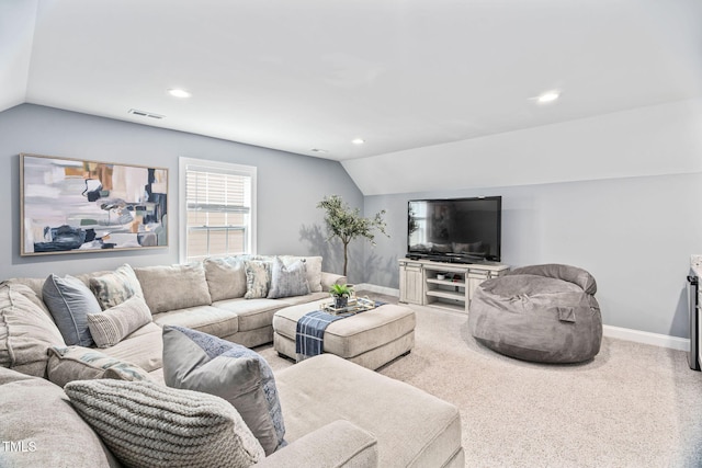 2712 Lake Waccamaw Trl, Apex, NC 27502 - living area with vaulted ceiling, recessed lighting, and light colored carpet