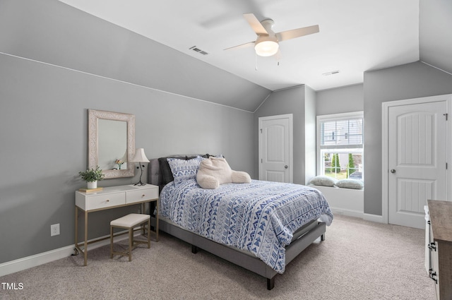 2712 Lake Waccamaw Trl, Apex, NC 27502 - bedroom featuring vaulted ceiling, carpet floors, and a ceiling fan