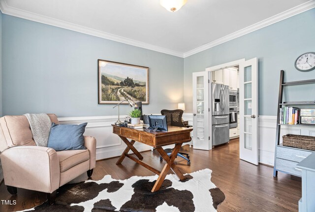 2712 Lake Waccamaw Trl, Apex, NC 27502 - office space featuring ornamental molding, dark wood finished floors, a wainscoted wall, and french doors