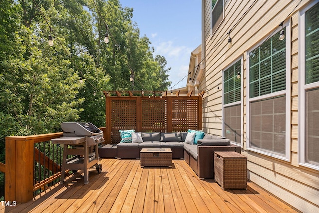 2712 Lake Waccamaw Trl, Apex, NC 27502 - wooden terrace with an outdoor hangout area and a grill