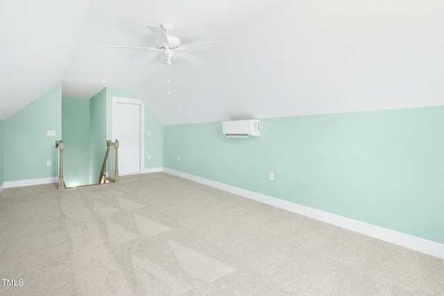 140 Purslane Dr, Franklinton, NC 27525 - bonus room featuring a wall mounted AC, light carpet, lofted ceiling, and ceiling fan