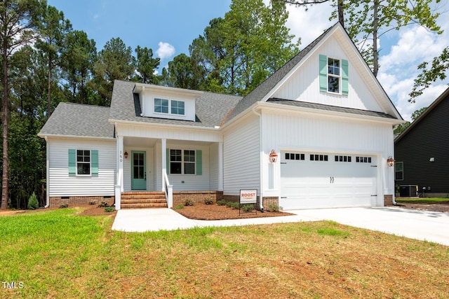 140 Purslane Dr, Franklinton, NC 27525 - modern farmhouse featuring concrete driveway, crawl space, a shingled roof, a front yard, and a porch