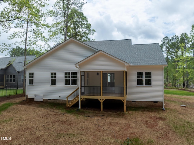 140 Purslane Dr, Franklinton, NC 27525 - rear view of house featuring crawl space, roof with shingles, and a sunroom