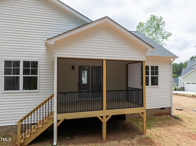 140 Purslane Dr, Franklinton, NC 27525 - back of house featuring crawl space, a sunroom, stairway, and a shingled roof