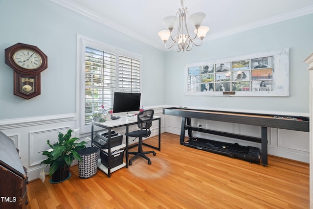 1824 Ferrell Meadows Dr, Zebulon, NC 27597 - office space with crown molding, light wood-style floors, wainscoting, a chandelier, and a decorative wall